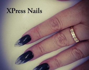 Black liquid smoke nails, set of 20 hand painted press on nails. Choice of shape and length.