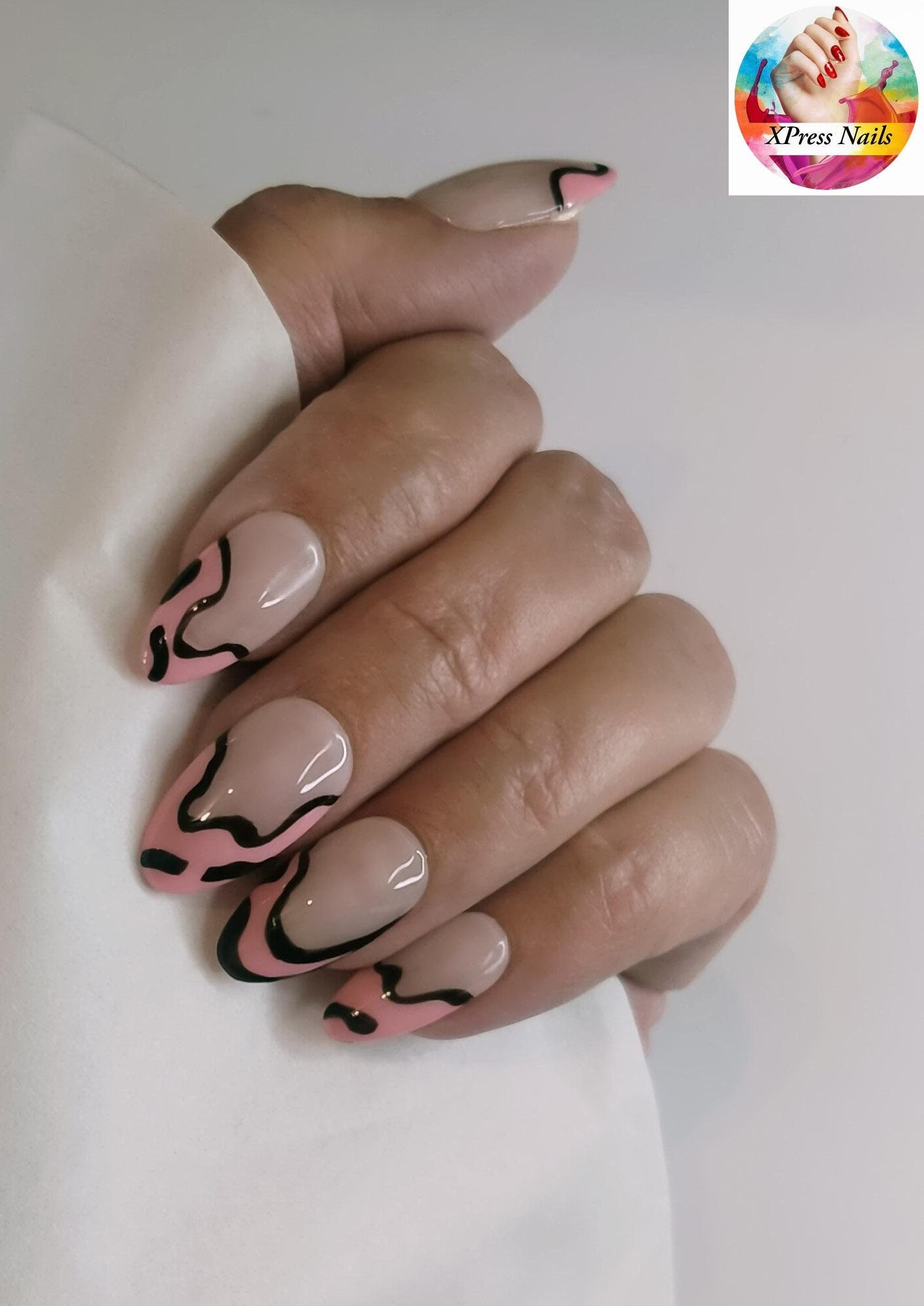Pink & Purple Abstract Swirly Nail Art Press on Nails styled in Medium  Almond 