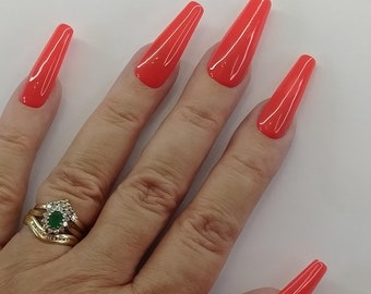 Lady in Red press on nails. Set of 20 hand painted.  Choose your shape and length, shown on long coffin.