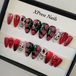 Dia de Los Muertos. Halloween press on nails, red and black with sugar skulls and roses. Long length almond shape. Only one set available!