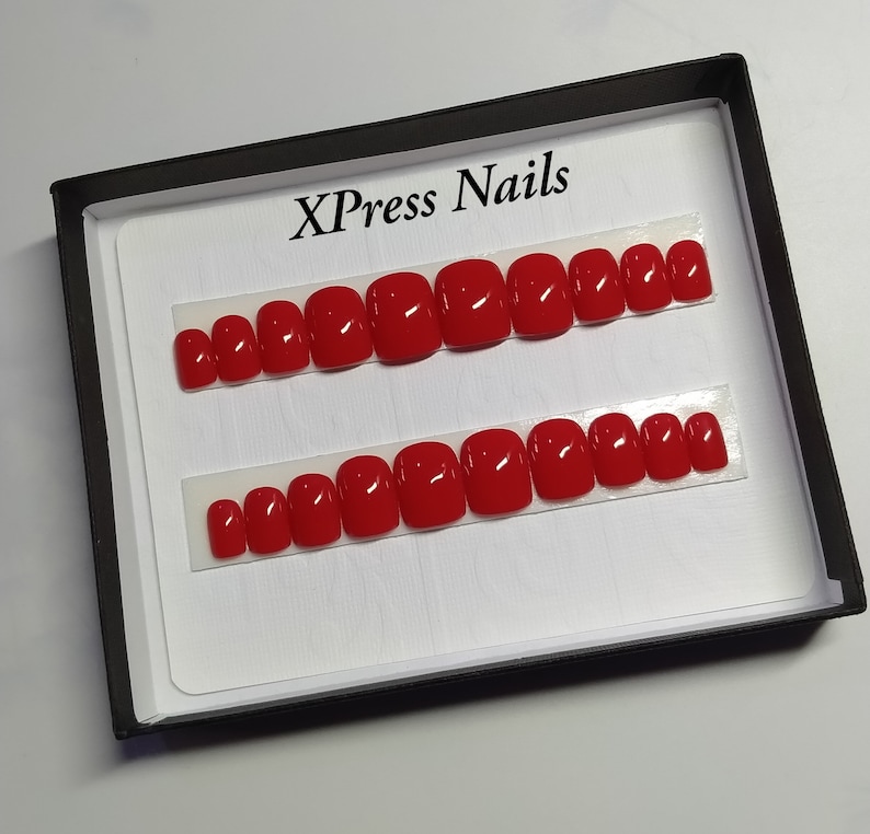 Short classic red press on nails, available in short square, short oval or short almond shape. image 7