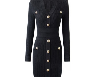 Kayla Black Knit Long Sleeve Bodycon Dress with Gold Button Front Detailing