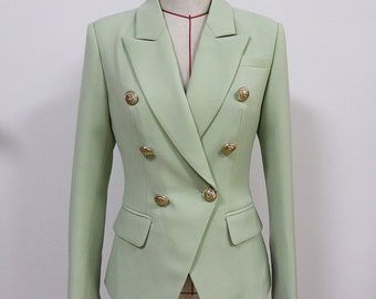 Women's Light Seafoam Green Mint Luxury Fitted Double Breasted Blazer with Lion Buttons - SLIM FIT