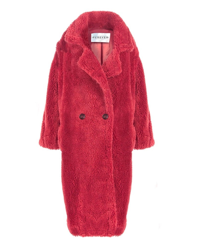 PRAGUE Red Faux Fur Teddy Coat, Womens Fur Coat, Red Fur Coat, FUREVER ...