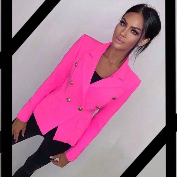 Women's Bright Neon Pink Luxury Fitted Double Breasted Blazer With Lion  Buttons SLIM FIT 