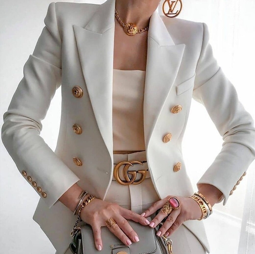 Women's White Textured Luxury Fitted Double Breasted Blazer with Lion Buttons - Slim Fit