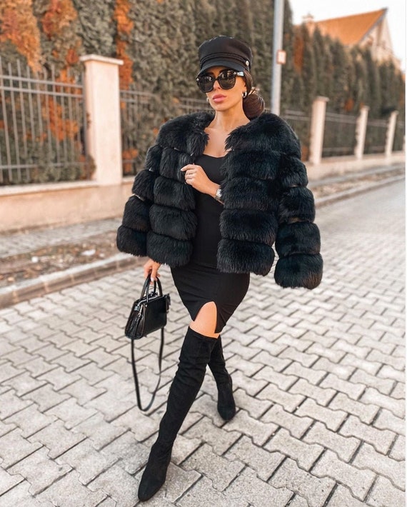 Fashion Women Middle Length Warm Coat Faux Fur Coat PU leather