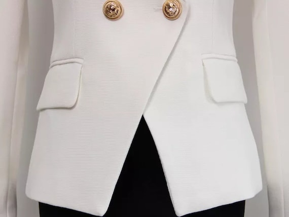 Women's White Fitted Blazer Golden Lion Buttons Coat 2 Colours
