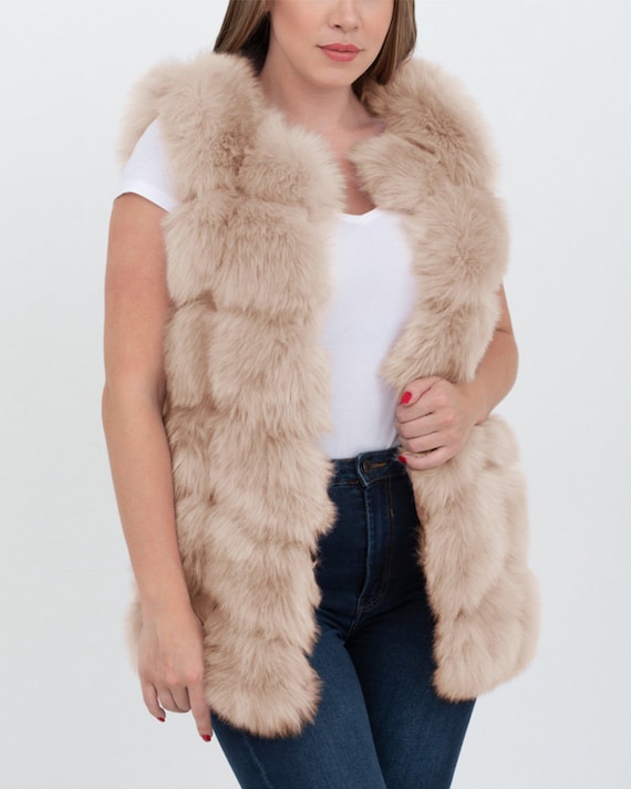 Bucharest Beige Faux Fur Vest, Womens Fur Vest, Beige Fur Vest, Furever Faux Fur