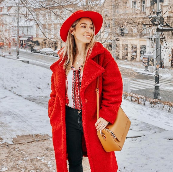 PRAGUE rojo peluche piel sintética abrigo de piel de - Etsy México