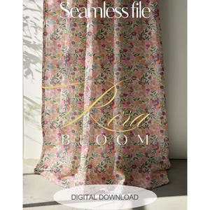 May include: A floral patterned curtain with the text "Seamless file" at the top and "Flora Bloom" in the center. The curtain has a pink, green, and peach colour scheme, with a "Digital Download" label at the bottom.
