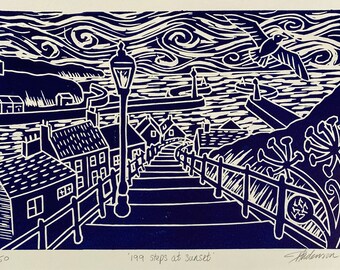 Whitby '199 steps at sunset' lino print