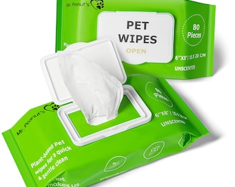 Mr. Peanut's Naturals Plant Based, Flushable, Compostable, Unscented Pet Wipes, 160 Count, Larger 8x6" Size