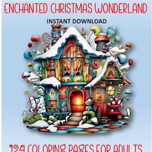 Puede incluir: Una ilustración digital de un pueblo navideño de fantasía con una colorida casa de jengibre cubierta de nieve. La imagen se titula "124 páginas para colorear para adultos" e incluye el texto "Pueblos navideños caprichosos, interiores ornamentados, personajes navideños. Un mundo mágico de maravillas festivas en esta exquisita colección de páginas para colorear para adultos de Navidad ! El paquete incluye dos conjuntos idénticos que comprenden imágenes de resolución clara y oscura, 124 en total. Archivos ZIP | PDF | 8,5" x 11"