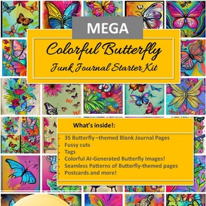 Butterfly Junk Journal Starter Kit AI Generated Watercolor Butterflies DIY Crafter Scrapbooking Pages for digital download