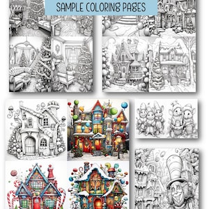 May include: A collection of black and white coloring pages featuring whimsical houses decorated for Christmas. The pages include a gingerbread house, a house with candy canes, a house with snowmen, and a house with a snowman and a mouse.