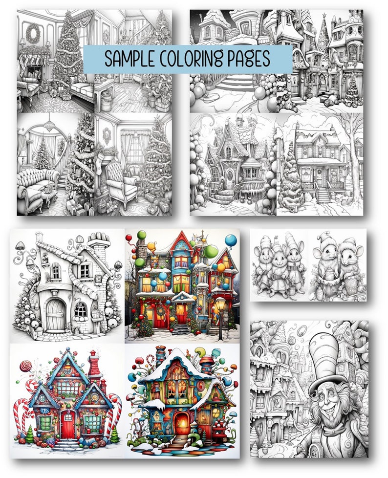 May include: A collection of black and white coloring pages featuring whimsical houses decorated for Christmas. The pages include a gingerbread house, a house with candy canes, a house with snowmen, and a house with a snowman and a mouse.