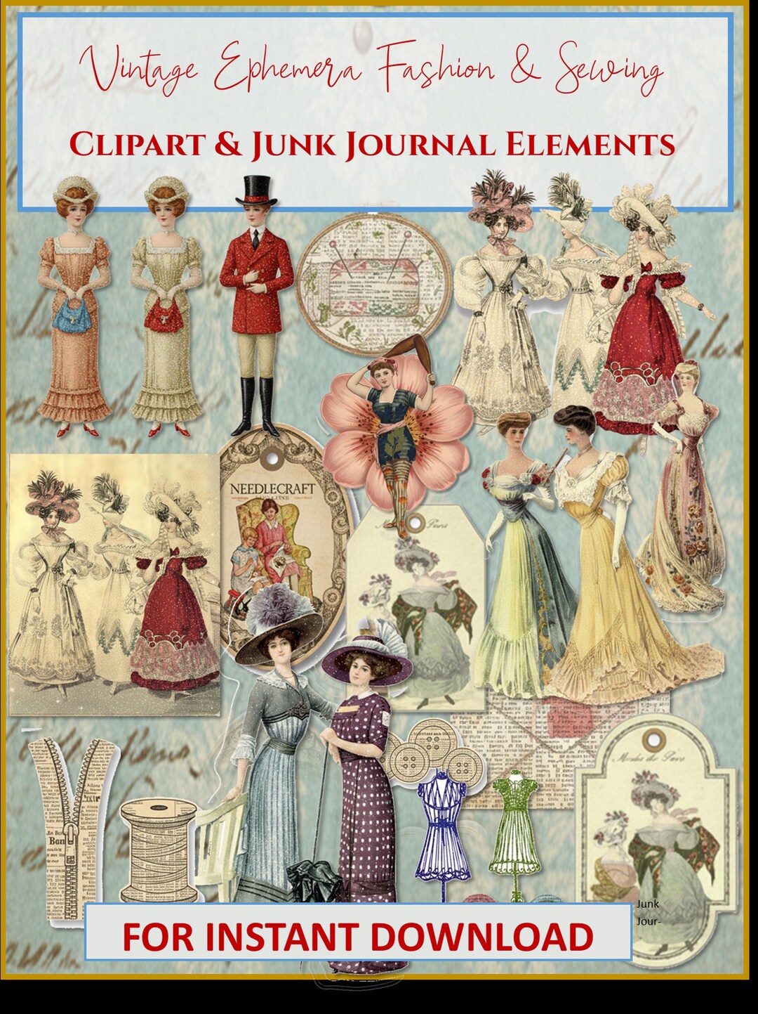 Vintage Sewing Ephemera Clipart Bundle: Fashion Junk Journal (digital ...