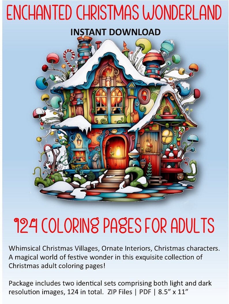 Christmas Coloring pages for adults. 78 festive pages of Whimsical elf villages, Christmas Trees, Christmas Mice, ornate gingerbread houses, traditional Charles Dickens-style Christmas scenes.  Grayscale illustrations, 
For instant download.