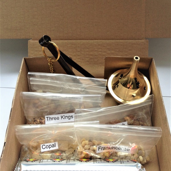 Coffret ultime d'encens en résine : encens, myrrhe, sang-dragon et brûleur en laiton