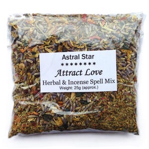May include: A clear plastic bag filled with a blend of dried herbs and flowers. The bag has a white label that reads "Astral Star Attract Love Herbal & Incense Spell Mix Weight: 25g (approx.)".