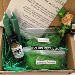 Fast Luck Bath Spell Kit - Bath Salts, Simmering Granules, Lucky Leprechaun, Spell Candles, Anointing Oil + Full Instructions