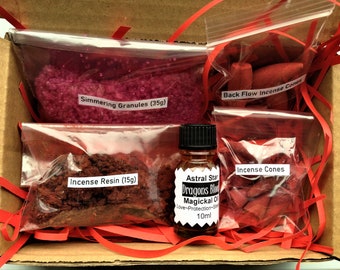 Complete Dragons Blood Set - Incense Resin, Incense Cones, Magickal Oil, Simmering Granules