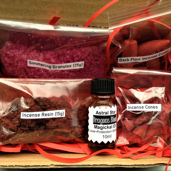 Complete Dragons Blood Set - Incense Resin, Incense Cones, Magickal Oil, Simmering Granules