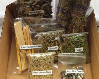 Grande set di erbe e smudge dei nativi americani - inclusi Hopi, ginepro, palo santo, cedro, bastoncini di smudge