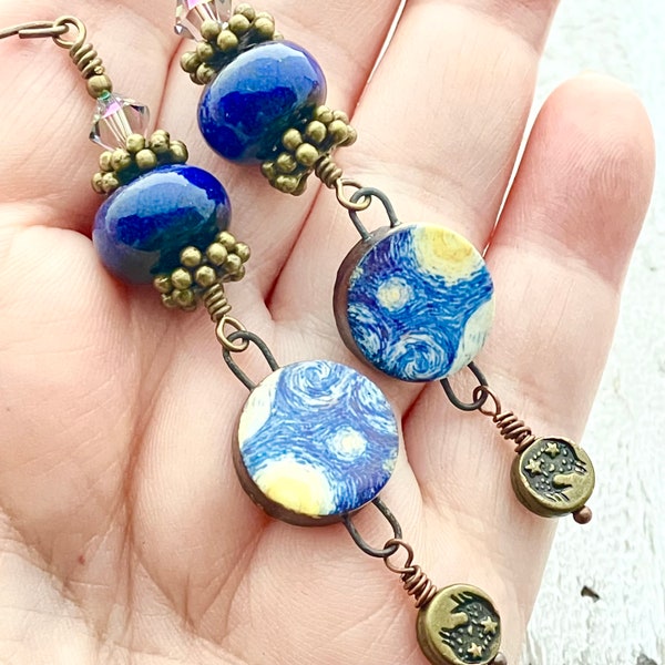 Petite Starry Night Earrings, Womens Earrings , Gift for her, Birthday, Boho Jewelry, Blue Earrings , Picture Earrings, handmade jewelry,