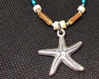 Starfish Beaded Charm Necklace - Pam Wood, Coconut, Czech Glass, Stainless Steel Single Strand Sea Life Scuba Diver Ocean Lover