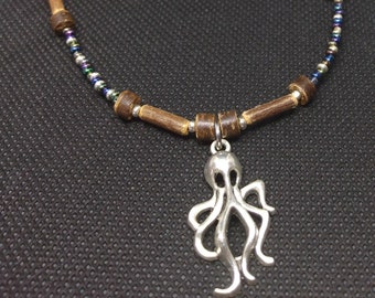 Octopus Beaded Charm Necklace - Pam Wood, Coconut, Czech Glass, Stainless Steel Single Strand Sea Life Scuba Diver Ocean Lover