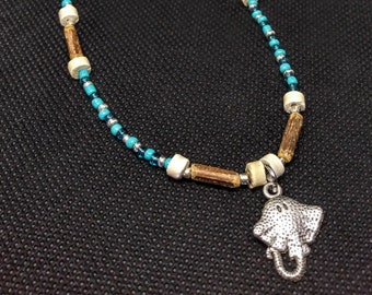 Sting Ray Beaded Charm Necklace - Pam Wood, Coconut, Czech Glass, Stainless Steel Single Strand Sea Life Scuba Diver Ocean Lover