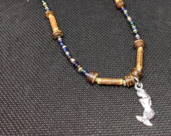 Mermaid Beaded Charm Necklace - Pam Wood, Coconut, Czech Glass, Stainless Steel Single Strand Sea Life Scuba Diver Ocean Lover