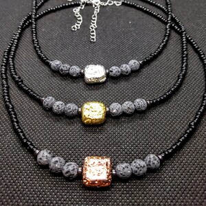 Titanium Coated Square Cushion Volcanic Lava Stone Aromatherapy Necklace - Adjustable Choker