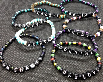 Inspiration Bracelets - Beaded Stretch Bracelets - Coconut Shell/Czech Glass - Mindfulness - Mantra