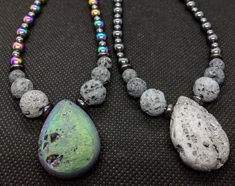 Druzy Agate Teardrop Pendant Necklace - Volcanic Lava Stone Aromatherapy, Hematite - Adjustable