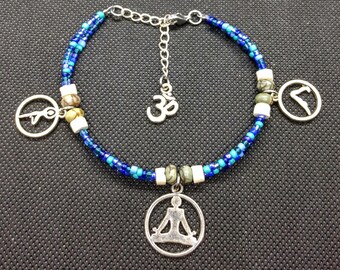 Yoga Charm Anklet Mixed Blue/Aqua, Picasso Jasper, Tibetan Silver, Lotus, Downward Dog, Tree