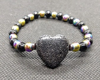 Volcanic Lava Stone Heart Onyx Hematite Aromatherapy Stretch Bracelet