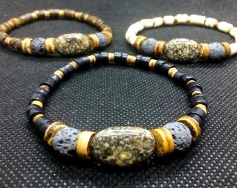 Leopard Skin Jasper Volcanic Lava Stone Aromatherapy Coconut Stretch Bracelet Unisex