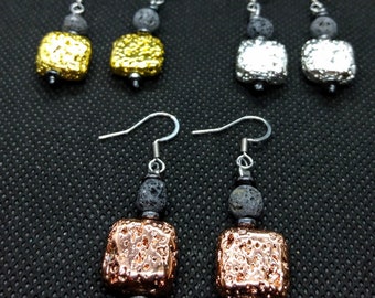 Titanium Coated Square Cushion Volcanic Lava Stone Aromatherapy Earrings - Hypoallergenic Stainless Steel