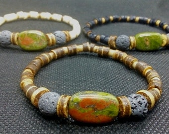 Unakite Volcanic Lava Stone Aromathérapie Coconut Stretch Bracelet Unisexe