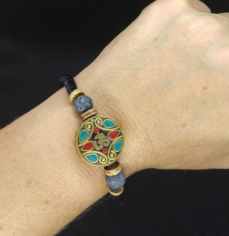 Tibetan Om Lava Stone Aromatherapy Bracelet Stone Inlay, Coconut, Handmade image 5