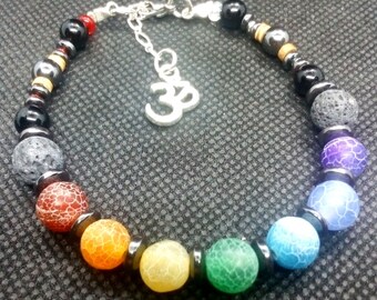 Yoga Chakra Lava Stone Frosted Agate Hématite Noix de Coco Agate Noire Aromathérapie Om Charm Fermoir RéglableBracelet