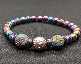 Rainbow Titanium Coated Volcanic Lava Stone Aromatherapy Hematite Magnetic Therapy Stretch Bracelet