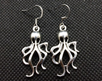 Boucles d’oreilles Octopus Argent tibétain, Boucles d’oreilles Dangle en acier inoxydable