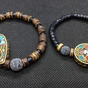 Tibetan Om Lava Stone Aromatherapy Bracelet Stone Inlay, Coconut, Handmade image 1