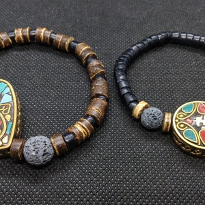 Tibetan Om Lava Stone Aromatherapy Bracelet - Stone Inlay, Coconut, Handmade