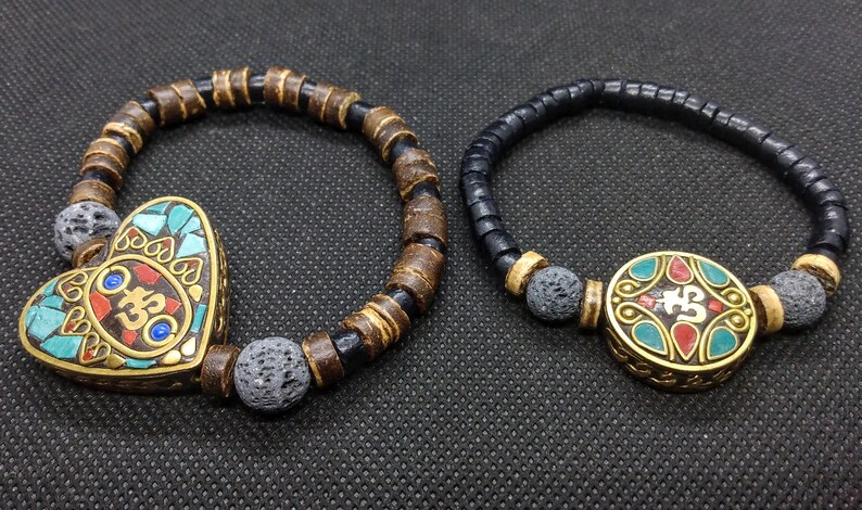 Tibetan Om Lava Stone Aromatherapy Bracelet Stone Inlay, Coconut, Handmade image 1