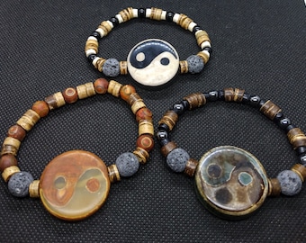 Yin Yang Lava Stone Aromatherapy Bracelet - Tao Tibetan Agate Dzi Coconut Yoga Stretch Bracelet